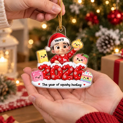 Personalized Acrylic Ornament, Smiling Child Holding Squishy Toys, Festive Tree Decor and Unique Gift for Kids