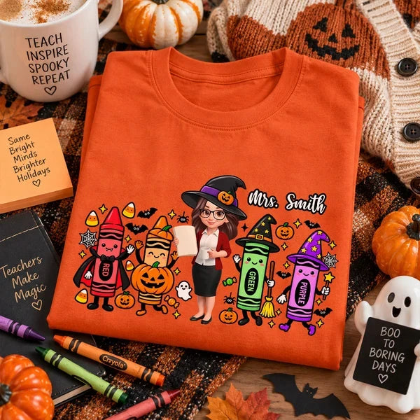 Classic Tee, Colorful Witchy Crayons & Teacher Holding a Lesson Sheet, Creative Halloween Gift for Teacher Friends