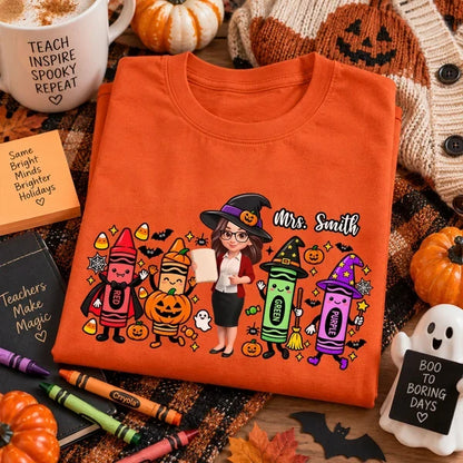 Classic Tee, Colorful Witchy Crayons & Teacher Holding a Lesson Sheet, Creative Halloween Gift for Teacher Friends