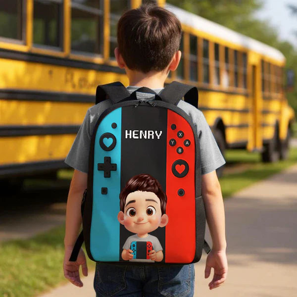 Personalized Kids School Backpack, Blue & Red Gamer Cartoon Boy Holding Controller, Unique Gift for Kids