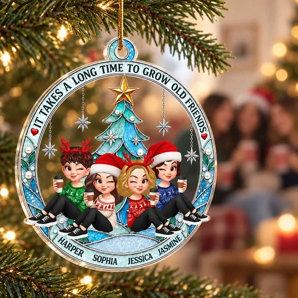 Personalized Acrylic Ornament, Seated Friends by a Turquoise Christmas Tree, Unique Gift for Best Friend