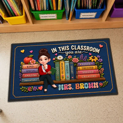 Personalized Teacher Doormat, Navy Classroom Welcome Design, Unique Creative Gift for Back to School