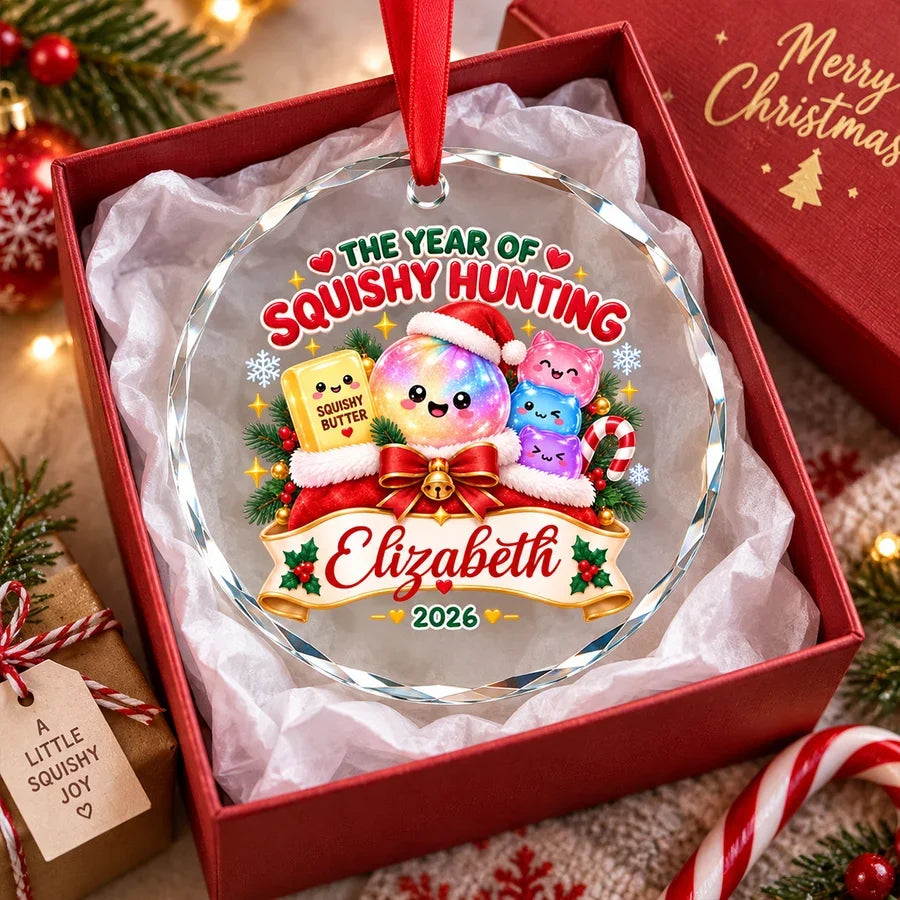 Personalized Crystal Ornament, Kawaii Squishy Hunting on a Christmas Tree, Unique Gift for Kids