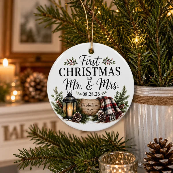 Personalized Ceramic Ornament, Rustic First Christmas as Mr & Mrs Keepsake, Unique Gift for Newlywed Couple