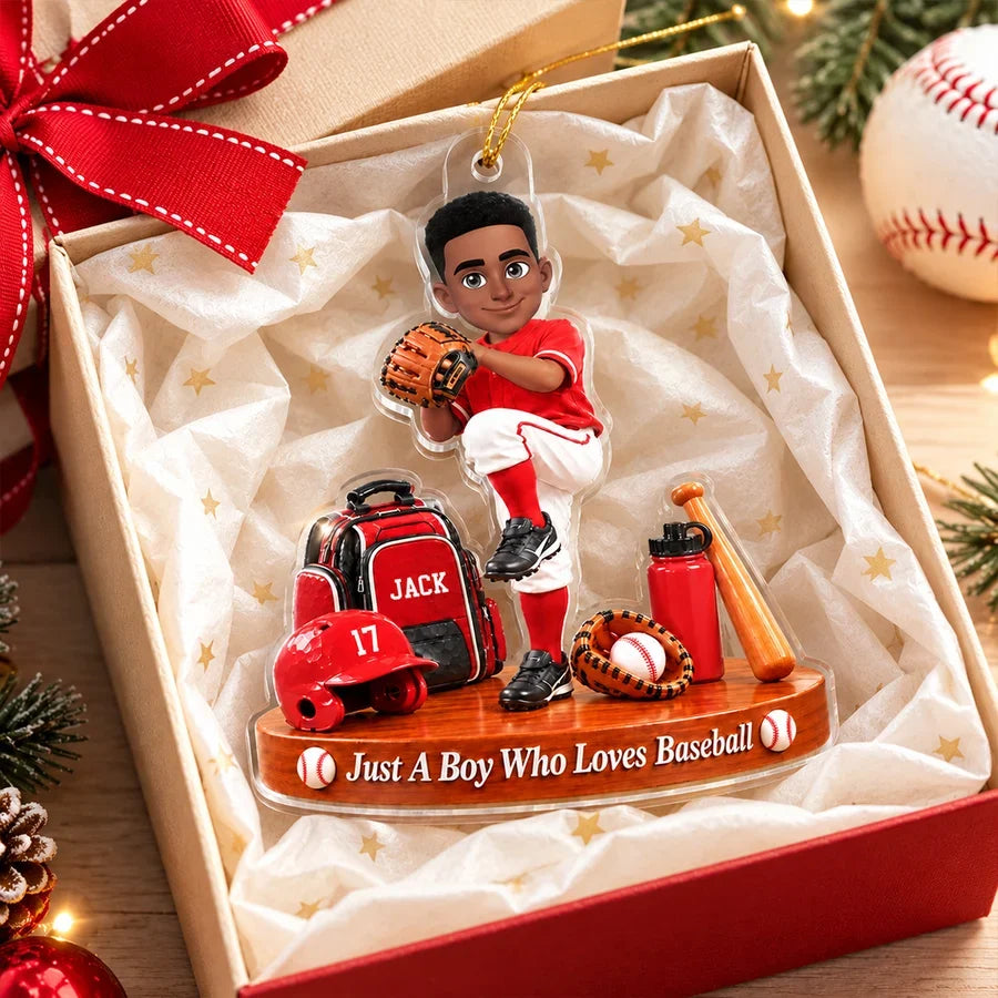 Personalized Baseball Boy Acrylic Ornament, Blue Pitching Player Christmas Decor, Unique Gift for Son