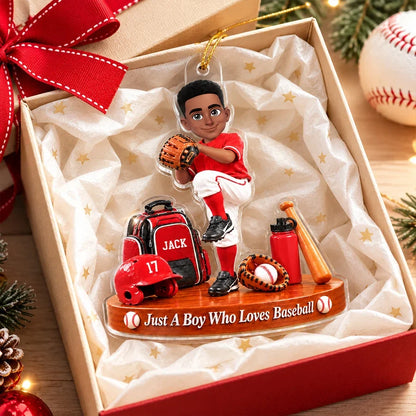 Personalized Baseball Boy Acrylic Ornament, Blue Pitching Player Christmas Decor, Unique Gift for Son