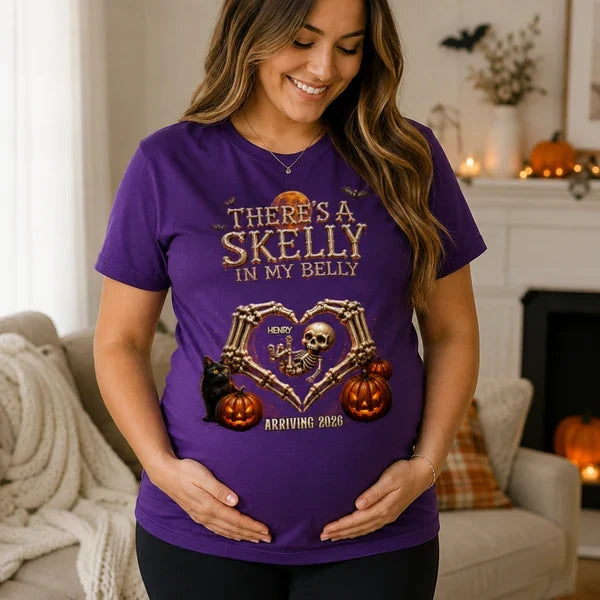 Personalized Sweatshirt, Skelly in My Belly Skeleton Heart Design, Unique Halloween Gift for Mom-to-Be