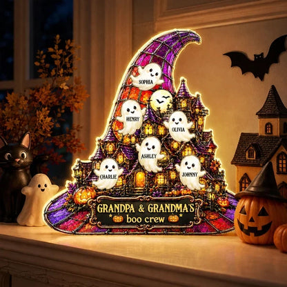 Personalized Acrylic Light Box, Cute Ghosts at a Haunted House, Unique Halloween Gift for Grandparents