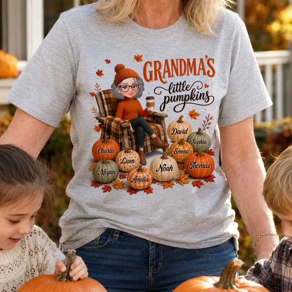 Personalized Grandma Sweatshirt, Seated Grandma with Coffee & Pumpkins, Unique Fall Gift