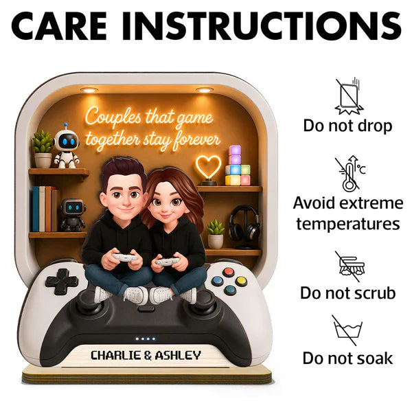 Personalized 2-Layer Wooden Plaque, Gaming Couple Cartoon Scene, Unique Gift for Shared Playtime