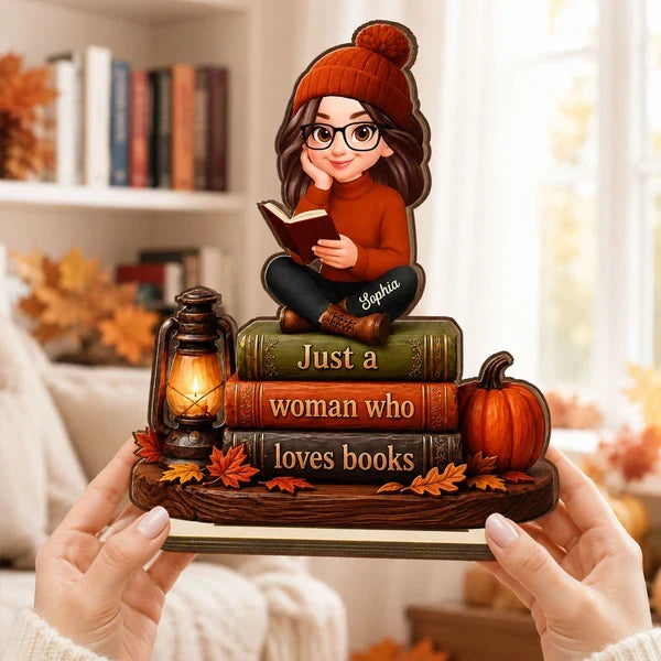 Personalized 2-Layer Wooden Plaque, Woman Reading Books Fall Decor, Unique Gift for Book Lovers