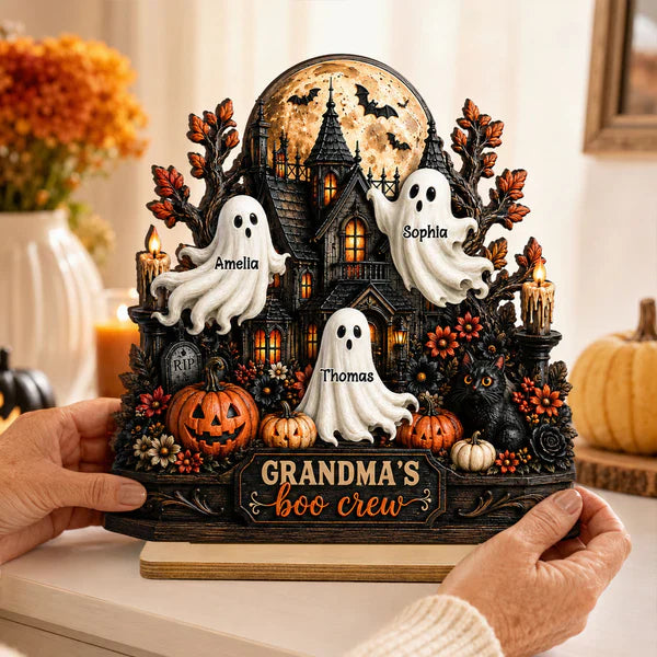 Personalized 2-Layer Wooden Plaque, Grandma's Boo Crew Halloween Decor, Unique Gift for Grandma
