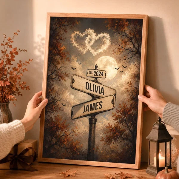 Personalized Poster with Couple Street Signs, Full Moon and Bats, Unique Halloween Gift for Couples