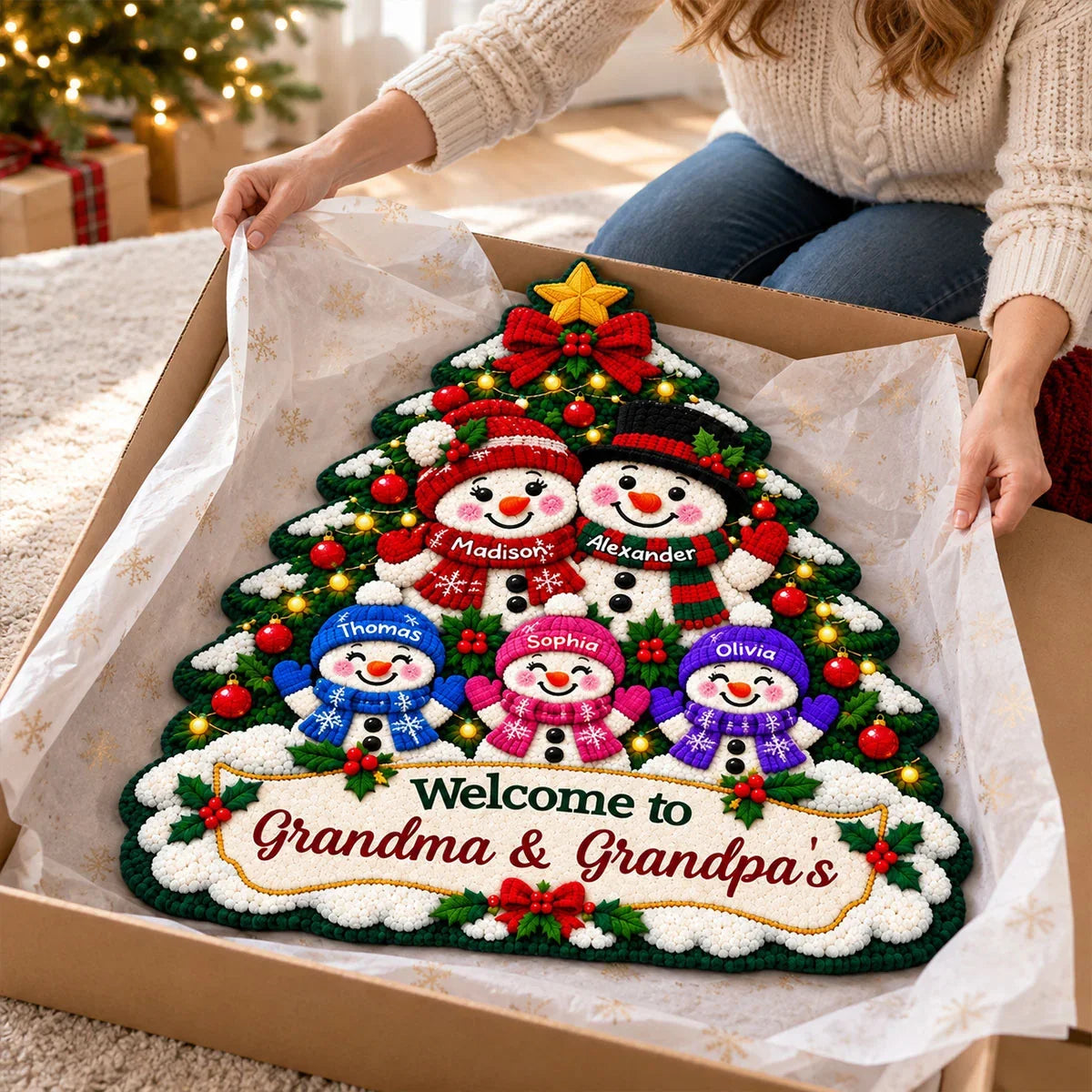 Personalized Shaped Doormat, Colorful Snowman Grandparents and Grandkids by a Christmas Tree, Unique Family Gift