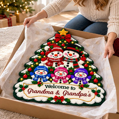 Personalized Shaped Doormat, Colorful Snowman Grandparents and Grandkids by a Christmas Tree, Unique Family Gift