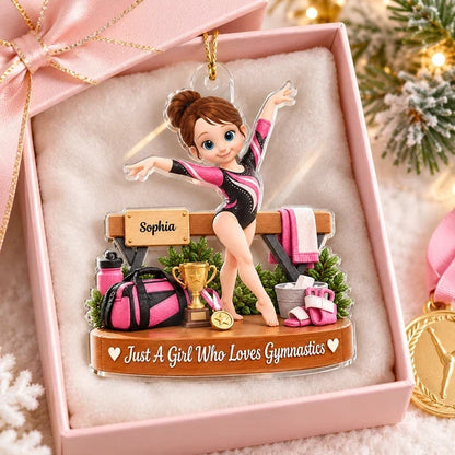 Just a Girl Who Loves Gymnastics Personalized Acrylic Ornament, Gymnast Posing with Trophy, Creative Gift for Young Gymnast