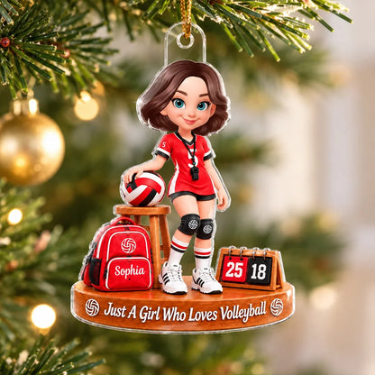 Personalized Volleyball Girl Acrylic Ornament, Red Team Scene with Ball and Scoreboard, Unique Gift for Daughter