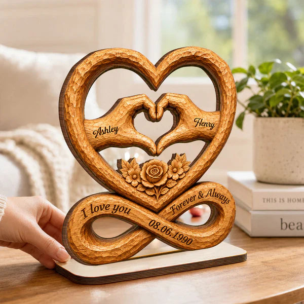 Personalized 2-Layer Wooden Plaque, Heart Hands & Infinity Design, Unique Gift for Couple