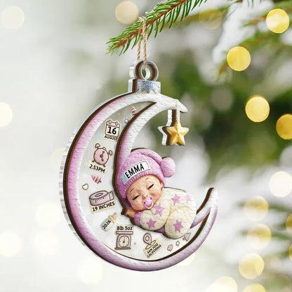 Personalized Layered Ornament, Sleeping Baby on Blue Crescent Moon, Unique Gift for New Parents