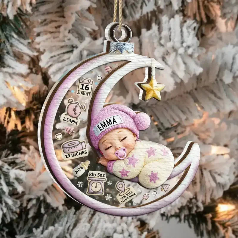 Personalized Layered Ornament, Sleeping Baby on Blue Crescent Moon, Unique Gift for New Parents