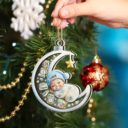 Personalized Layered Ornament, Sleeping Baby on Blue Crescent Moon, Unique Gift for New Parents