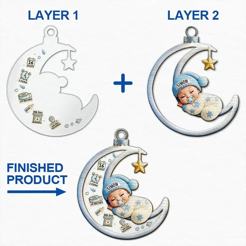 Personalized Layered Ornament, Sleeping Baby on Blue Crescent Moon, Unique Gift for New Parents