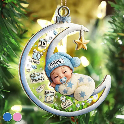 Personalized Layered Ornament, Sleeping Baby on Blue Crescent Moon, Unique Gift for New Parents