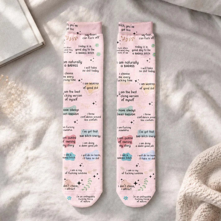 Personalized Crew Socks with Bold Pink Affirmations, Creative Gift for Friends, Coworkers & Self-Care