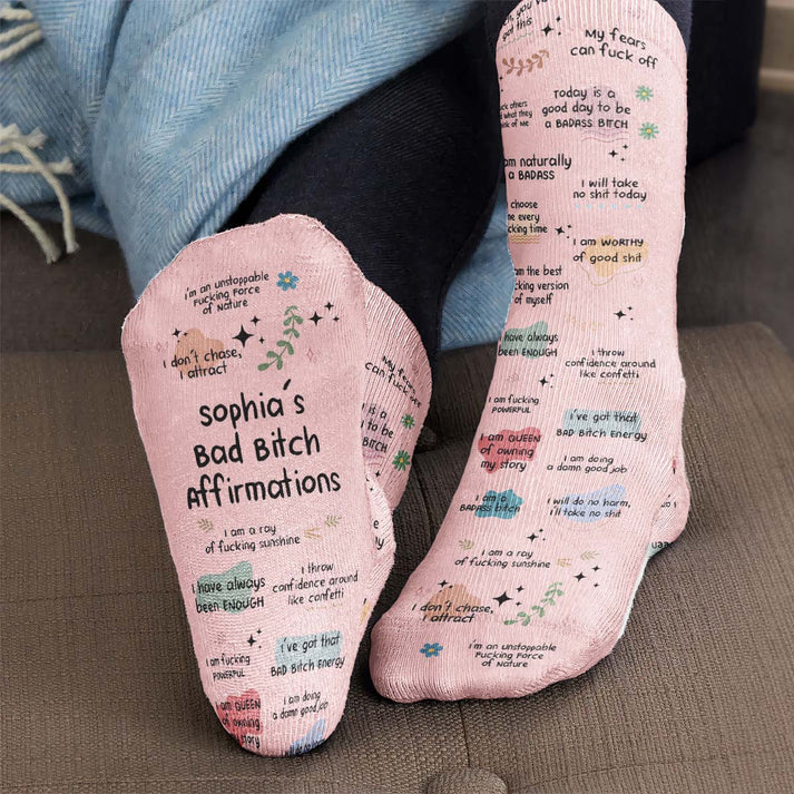 Personalized Crew Socks with Bold Pink Affirmations, Creative Gift for Friends, Coworkers & Self-Care