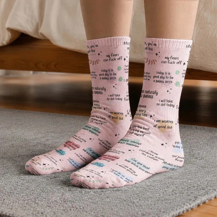 Personalized Crew Socks with Bold Pink Affirmations, Creative Gift for Friends, Coworkers & Self-Care