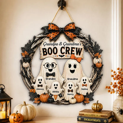 Personalized Wooden Sign with Grandpa and Grandma's Boo Crew Ghosts, Halloween Door Decor, Unique Gift for Grandparents