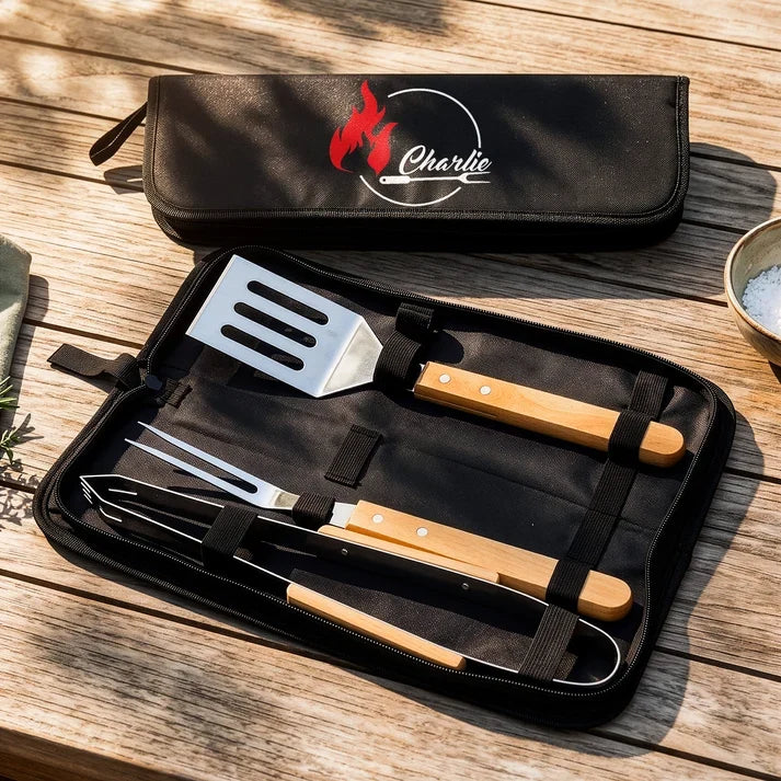 Personalized BBQ Tool Set with Black and Red Grill Graphic, Creative Gift for Backyard Cooks