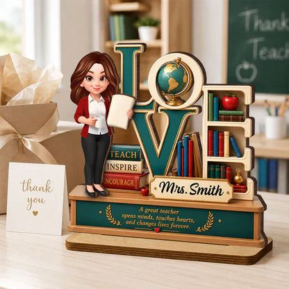 Personalized 2-Layer Wooden Plaque with Standing Teacher, Books & Globe, Unique Teacher Gift