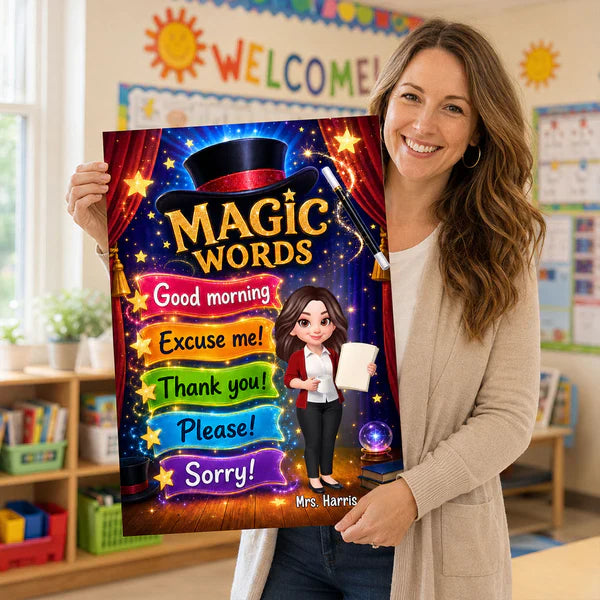 Personalized Magic Words Canvas, Standing Cartoon Teacher, Unique Gift for Classroom Decor
