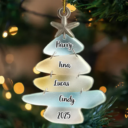 Acrylic Ornament, Personalized Sea-Glass Tree for Christmas Decor, Coastal Aqua Glow, a unique family gift