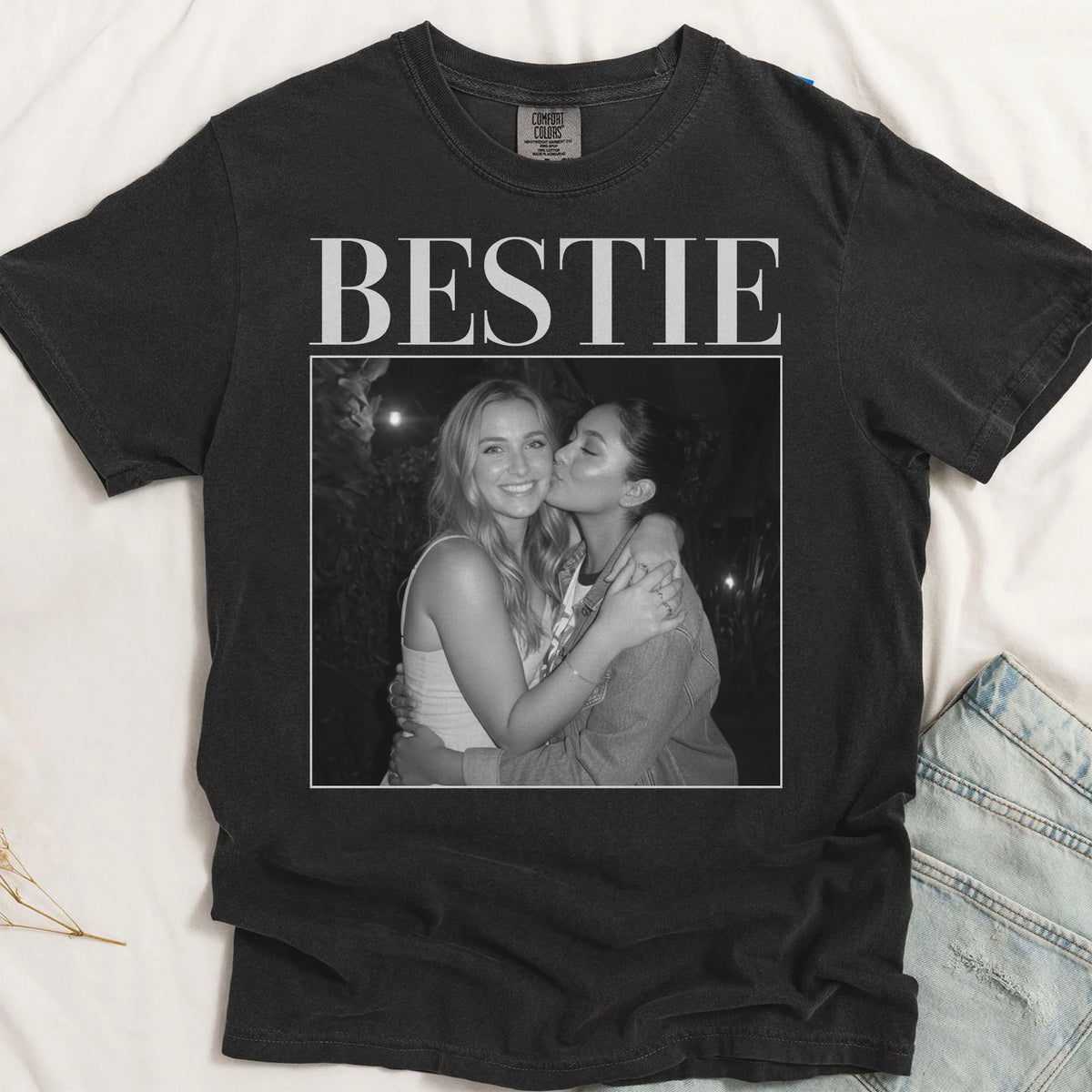 BESTIE Personalized Photo Classic Tee, Vintage-Style Black & White Memory Look, Unique Gift for Best Friend