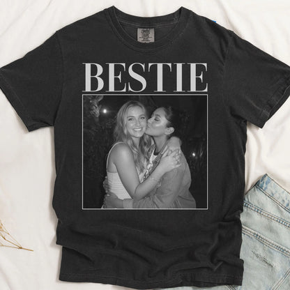 BESTIE Personalized Photo Classic Tee, Vintage-Style Black & White Memory Look, Unique Gift for Best Friend