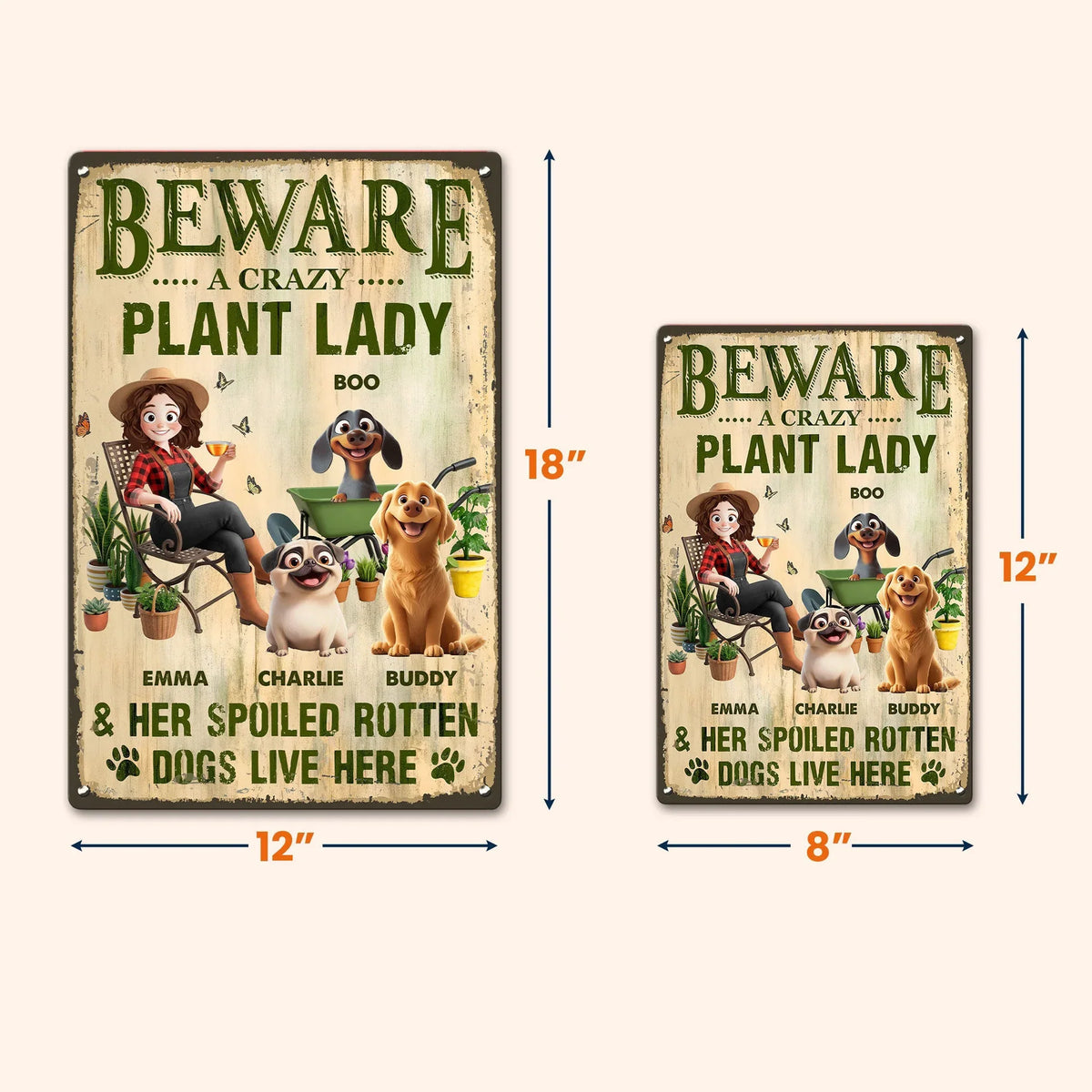 Rectangular Iron Sign With Beware A Crazy Plant Lady Quote, Spoiled Dogs Garden Scene, Unique Creative Gift