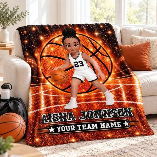 Personalized Fleece Blanket, Cartoon Basketball Girl Dribbling on Sparkling Court, Unique Gift for Daughter