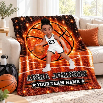 Personalized Fleece Blanket, Cartoon Basketball Girl Dribbling on Sparkling Court, Unique Gift for Daughter
