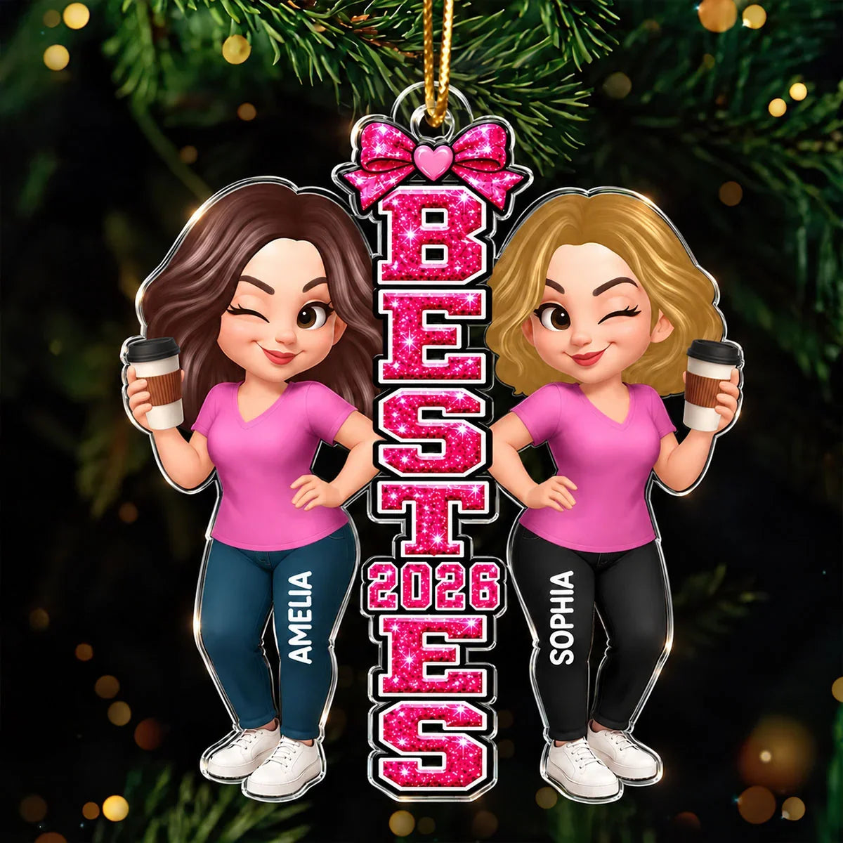 Personalized Acrylic Ornament, Pink Besties Holding Coffee on a Festive Tree, Unique Gift for Friends