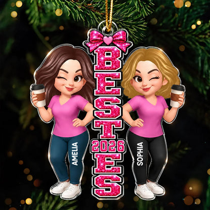 Personalized Acrylic Ornament, Pink Besties Holding Coffee on a Festive Tree, Unique Gift for Friends