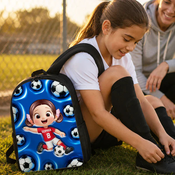 Personalized Kids School Backpack, Cute Soccer Player Kicking Ball, Unique Creative Gift For Kids