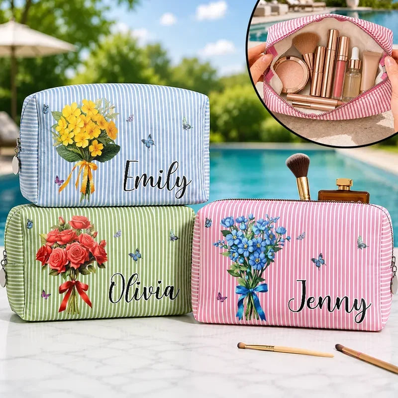 Personalized Striped Makeup Bag with Birth Flower Bouquet and Butterflies, Unique Gift for Mom, Sister or Friend
