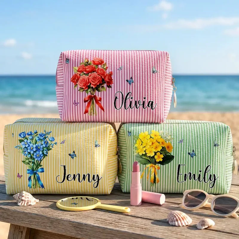 Personalized Striped Makeup Bag with Birth Flower Bouquet and Butterflies, Unique Gift for Mom, Sister or Friend