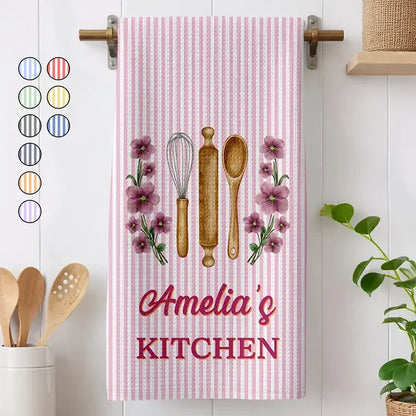 Personalized Kitchen Towel with Birth Flowers and Stripes, Unique Gift for Home Cooks