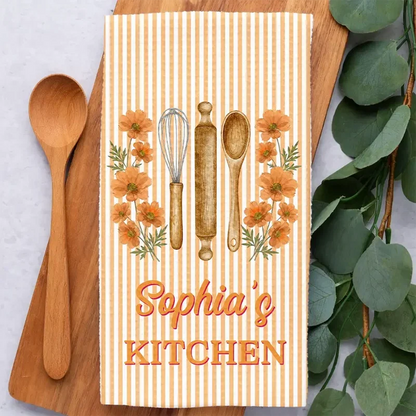 Personalized Kitchen Towel with Birth Flowers and Stripes, Unique Gift for Home Cooks