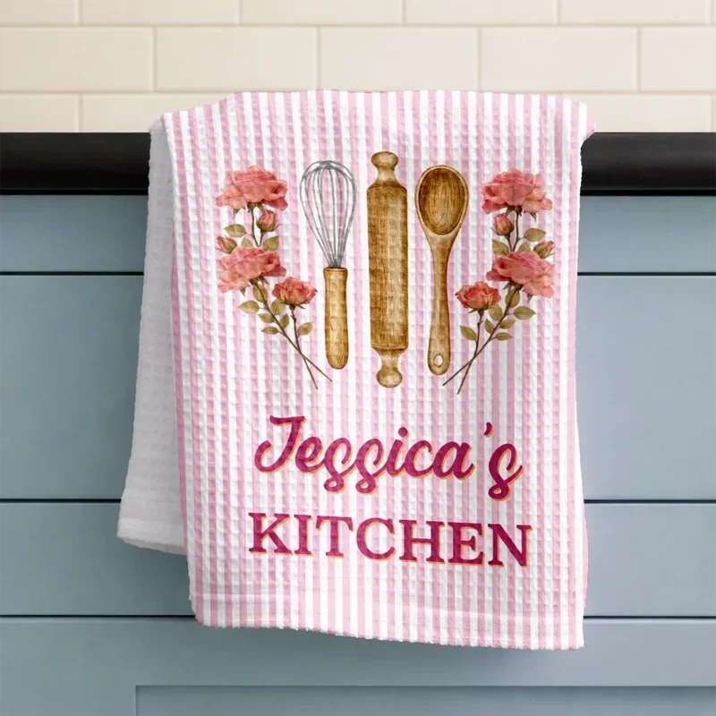 Personalized Kitchen Towel with Birth Flowers and Stripes, Unique Gift for Home Cooks