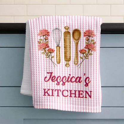 Personalized Kitchen Towel with Birth Flowers and Stripes, Unique Gift for Home Cooks