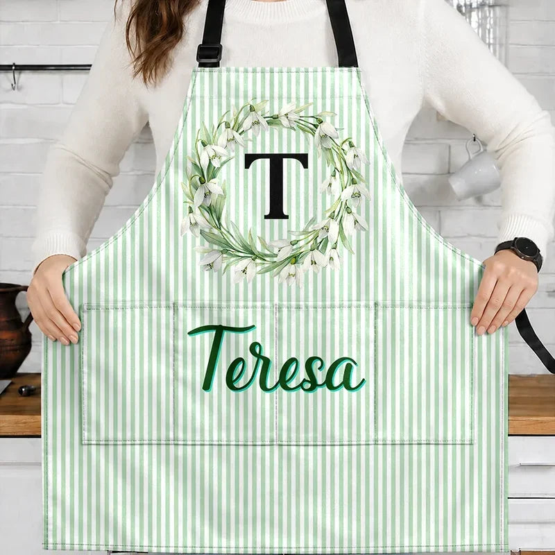 4-Pocket Apron with Custom Floral Wreath and Script Name, Creative Gift for Mom or a Friend
